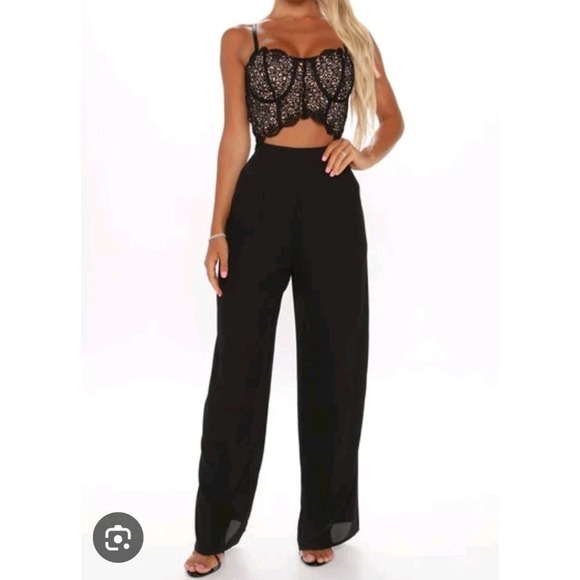 Blashe Pants - Blashe Jumpsuit Black Sz S Lace Cut Out Wide Leg Lined Adjustable Straps